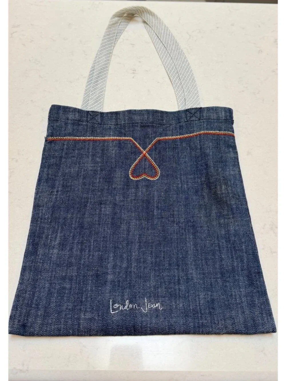 London Jean Heart Stitch Denim Tote Bag Blue Cotton Spandex Casual Carryall